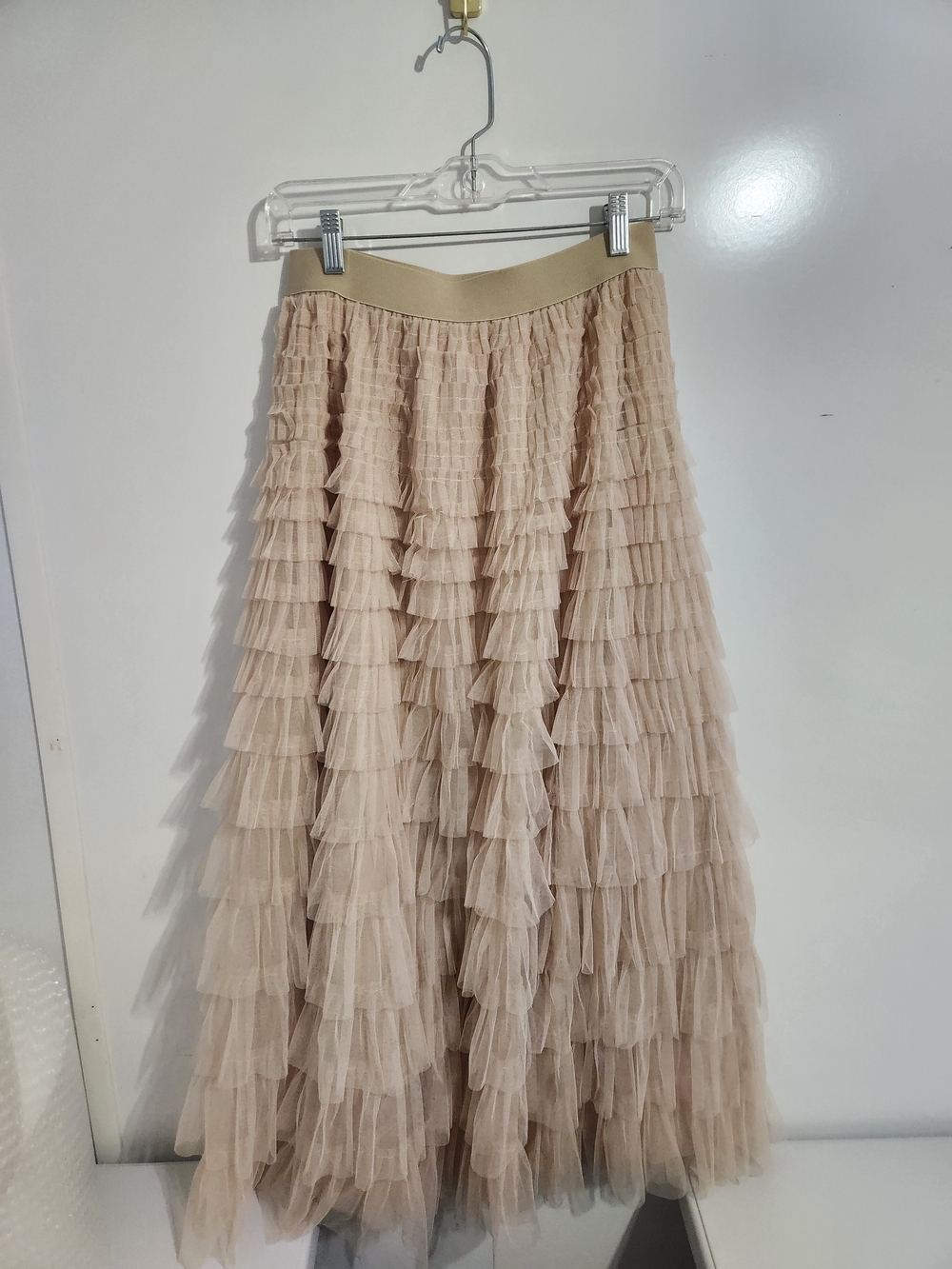 Tiered Tulle Maxi Skirt in Beige, Size Med